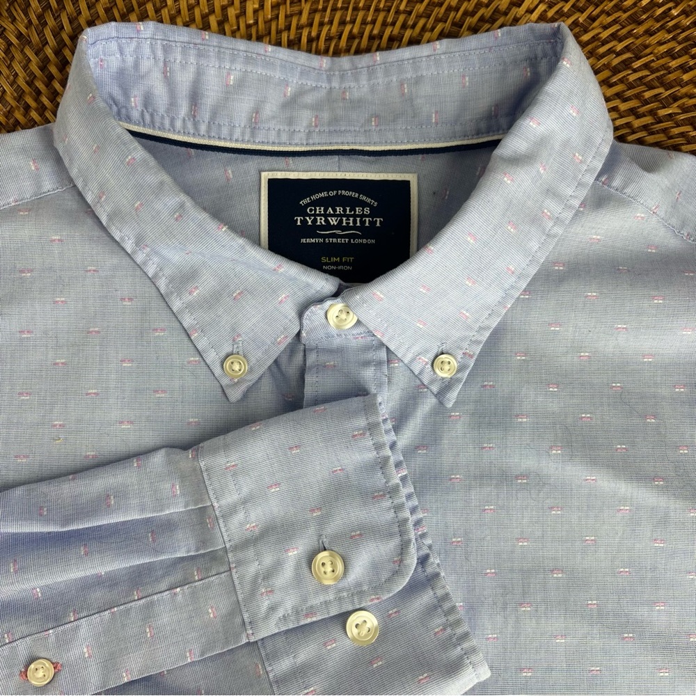 Mens Charles Tyrwhitt Non-Iron Slim Fit XL Dress Shirt  Blue With Pink‎ & White